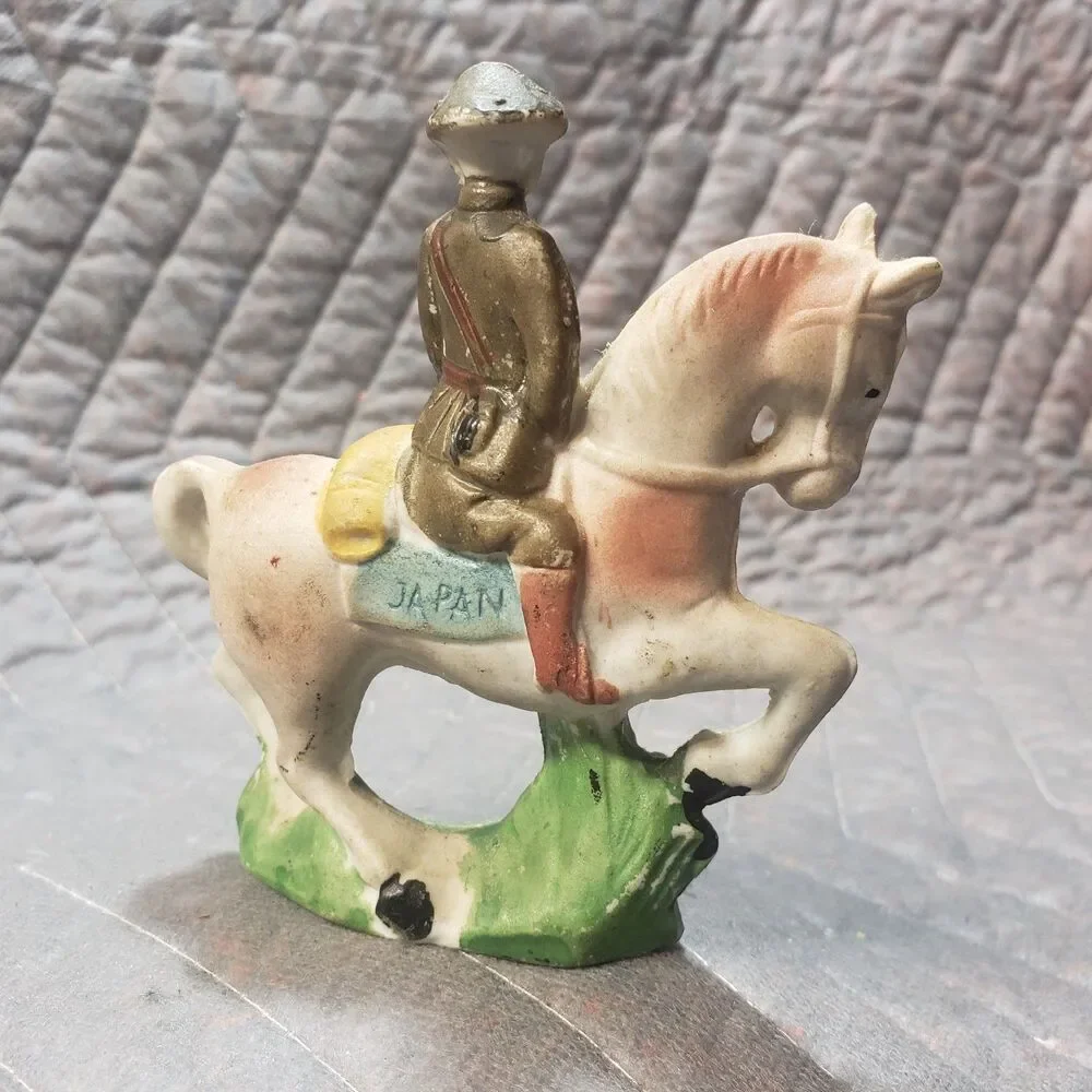 Vintage Made in Japan Bisque Cavalry Soldier Horse Figurine Military Decor 3.5